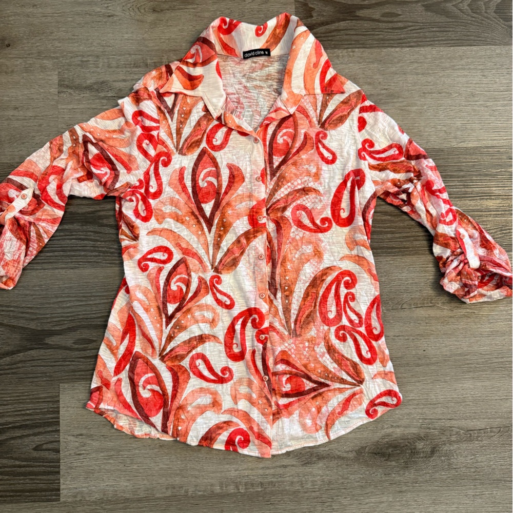 David Cline Red Button Down Shirt 3/4 Sleeve Notched Collar